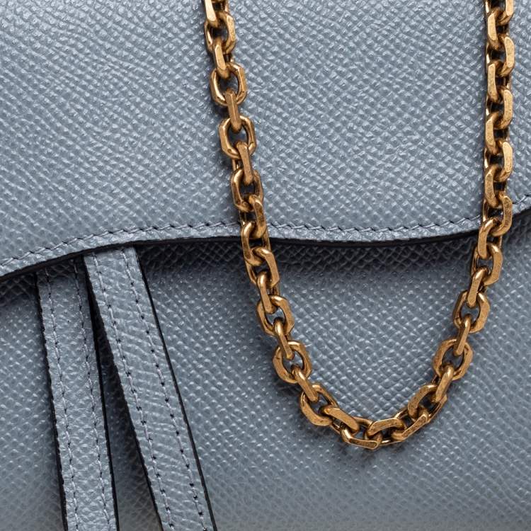 Pre Owned Dior Stone Blue Leather Saddle Wallet on Chain