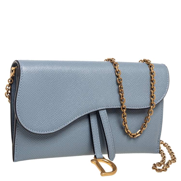 Pre Owned Dior Stone Blue Leather Saddle Wallet on Chain