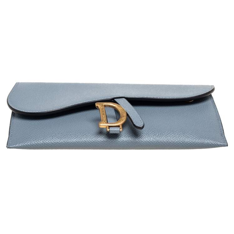 Pre Owned Dior Stone Blue Leather Saddle Wallet on Chain