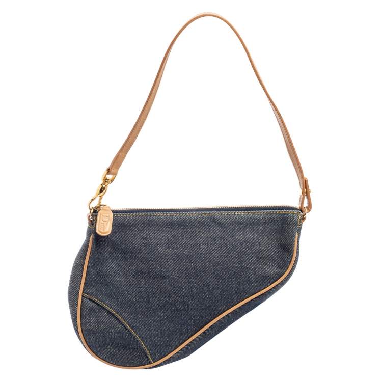 Pre Owned Dior Navy Blue Denim Saddle Pochette Bag
