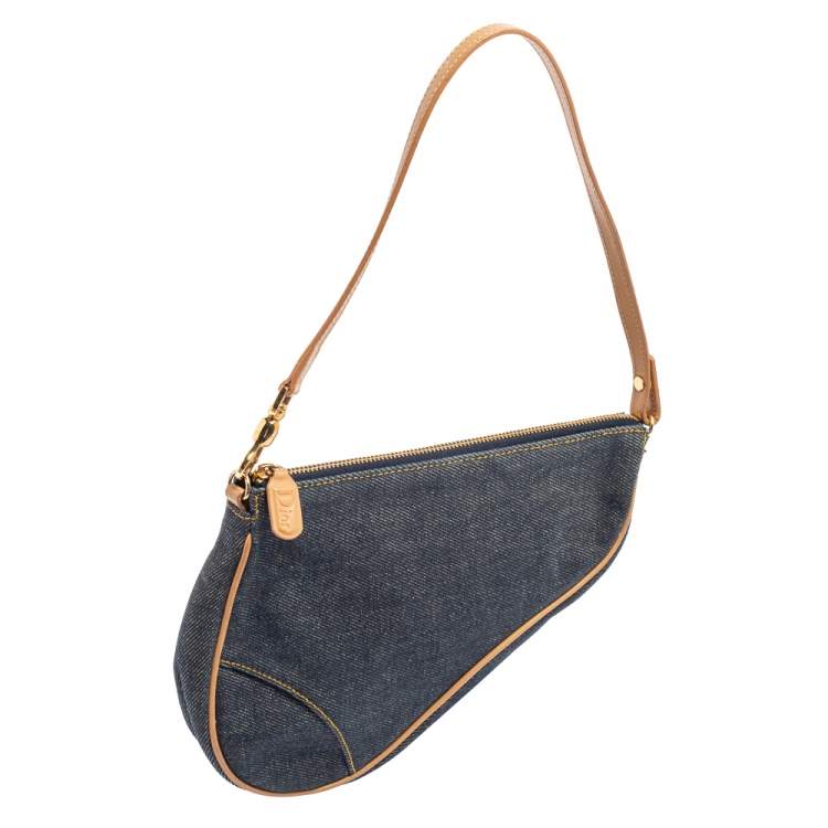 Pre Owned Dior Navy Blue Denim Saddle Pochette Bag