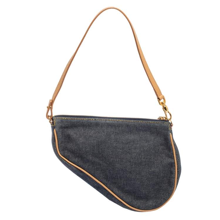 Pre Owned Dior Navy Blue Denim Saddle Pochette Bag