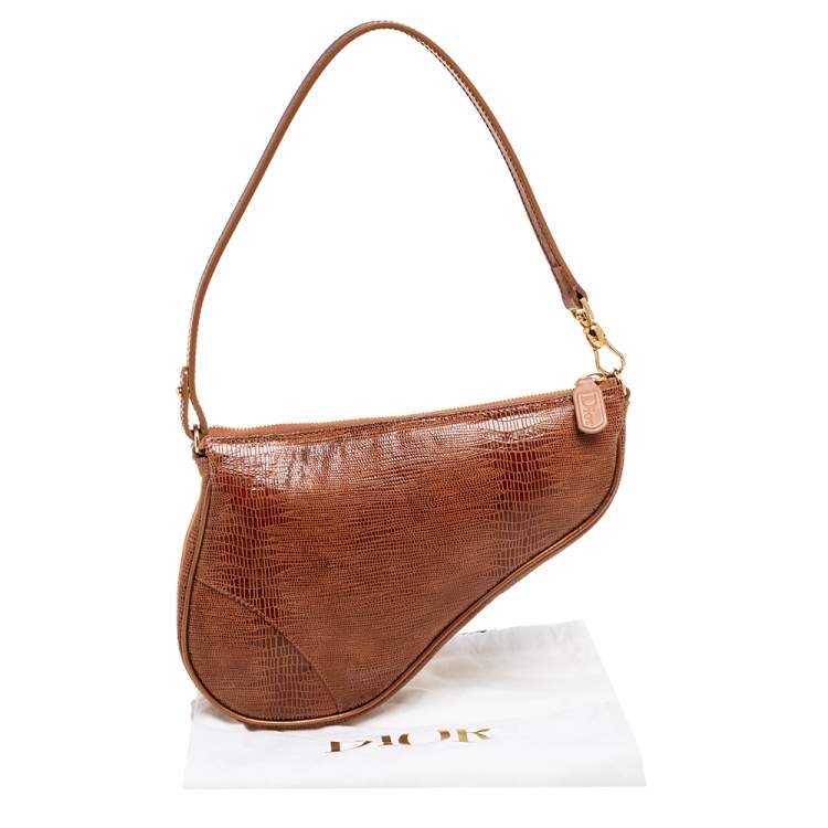 Pre Owned Dior Copper Lizard Effect Laminated Suede Saddle Pochette Bag