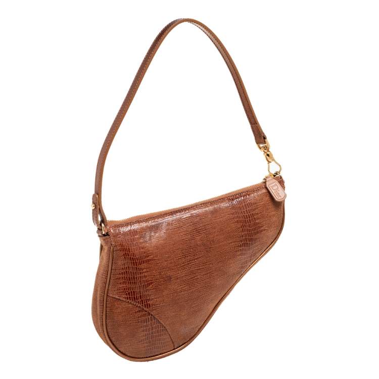 Pre Owned Dior Copper Lizard Effect Laminated Suede Saddle Pochette Bag