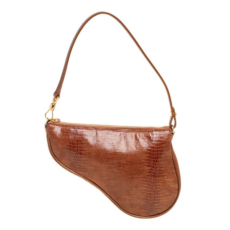 Pre Owned Dior Copper Lizard Effect Laminated Suede Saddle Pochette Bag