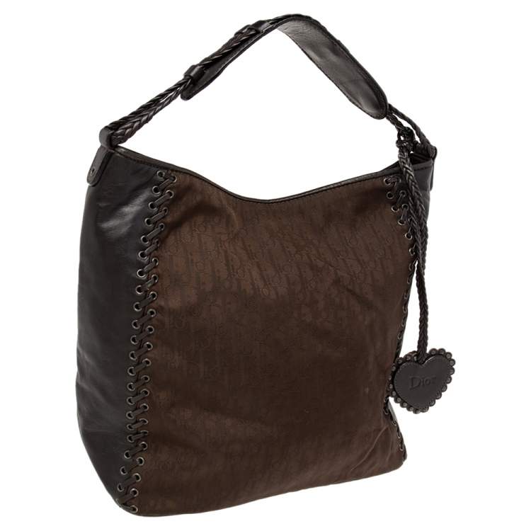 Pre Owned Dior Dark Brown Oblique Nylon and Leather Ethnic Hobo