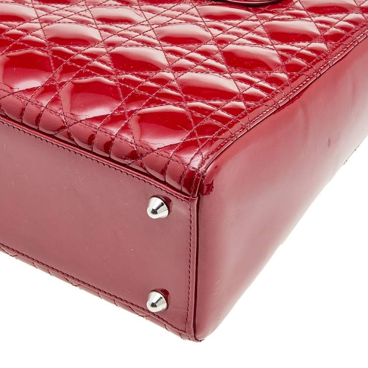 Pre Owned Dior Red Cannage Patent Leather Large Lady Dior Tote