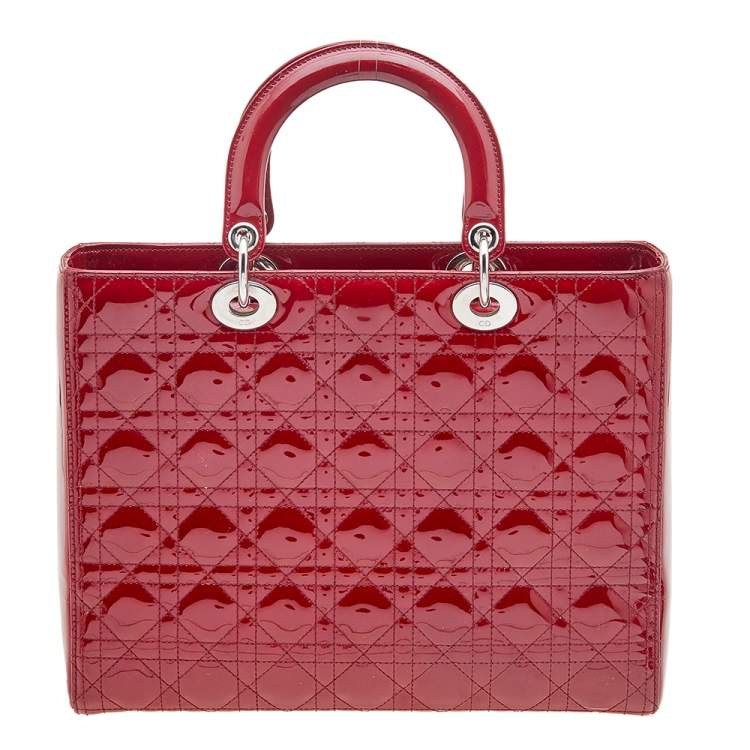 Pre Owned Dior Red Cannage Patent Leather Large Lady Dior Tote