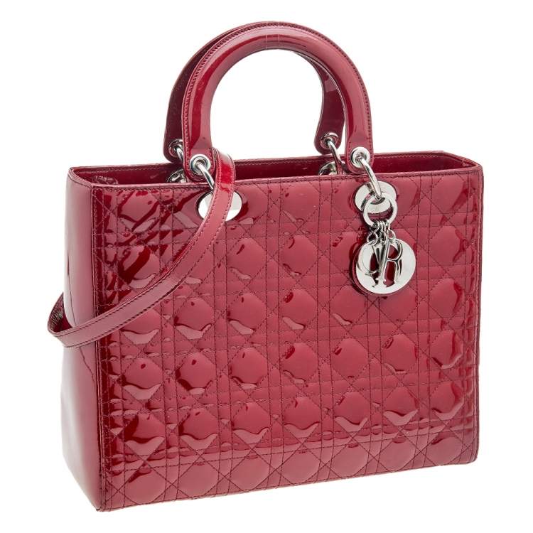 Pre Owned Dior Red Cannage Patent Leather Large Lady Dior Tote