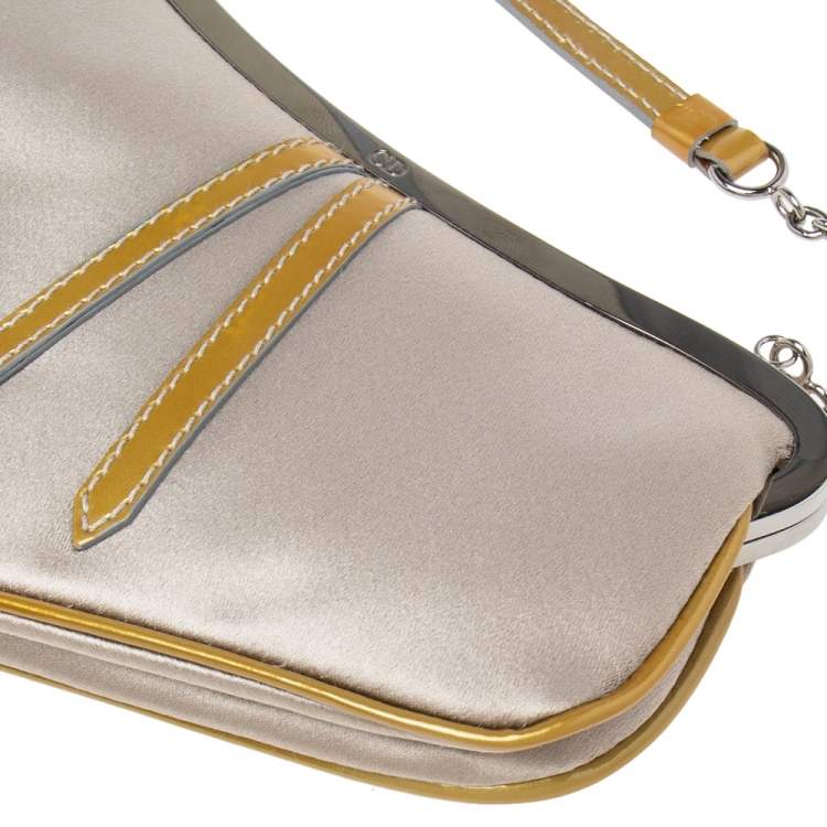 Pre Owned Dior Grey Satin And Patent Leather Trim Saddle Bag