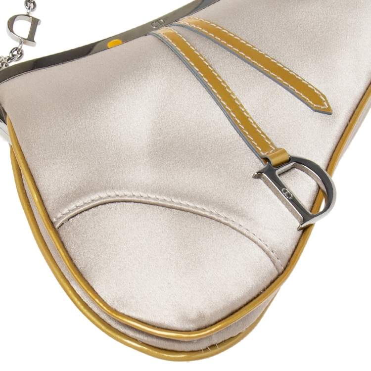 Pre Owned Dior Grey Satin And Patent Leather Trim Saddle Bag