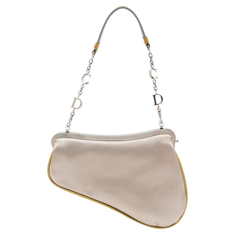 Pre Owned Dior Grey Satin And Patent Leather Trim Saddle Bag