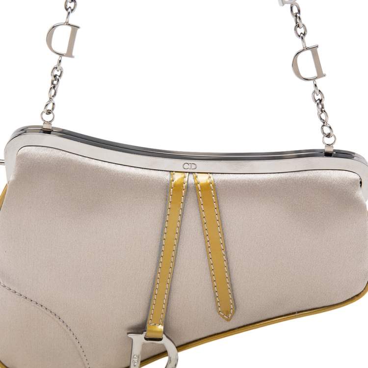 Pre Owned Dior Grey Satin And Patent Leather Trim Saddle Bag