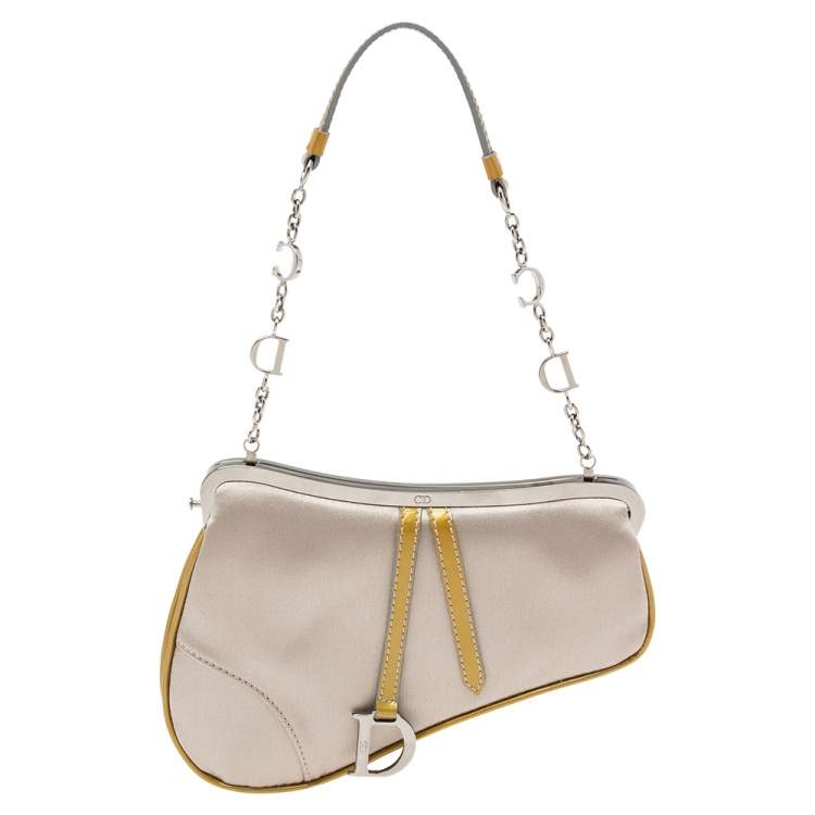 Pre Owned Dior Grey Satin And Patent Leather Trim Saddle Bag