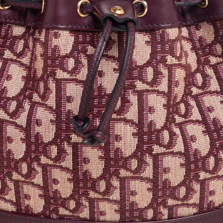 Pre Owned Dior Burgundy Oblique Canvas and Leather Drawstring Chain Bucket Bag