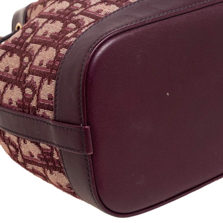 Pre Owned Dior Burgundy Oblique Canvas and Leather Drawstring Chain Bucket Bag