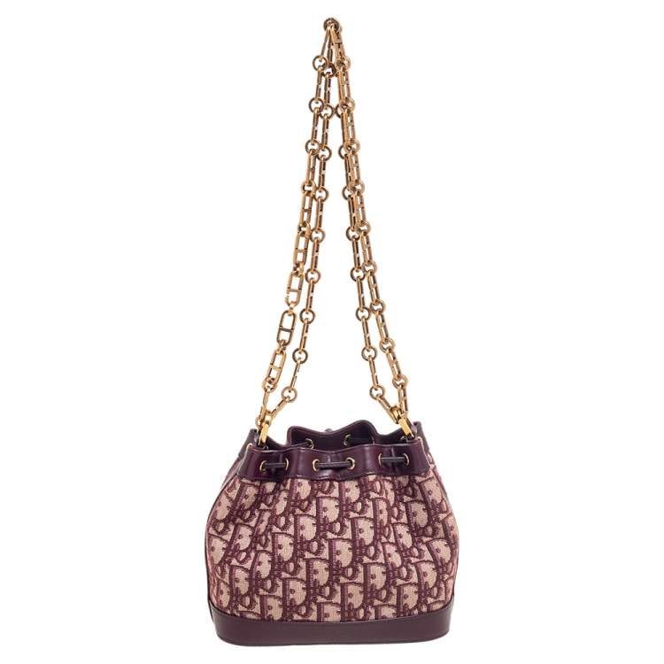 Pre Owned Dior Burgundy Oblique Canvas and Leather Drawstring Chain Bucket Bag
