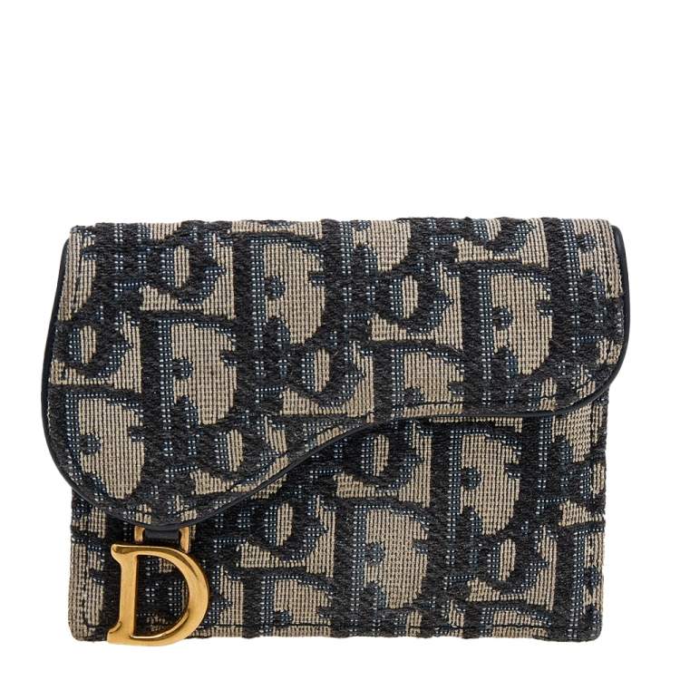 Pre Owned Dior Navy Blue/Beige Oblique Canvas Saddle Wallet