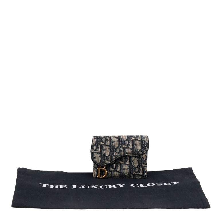 Pre Owned Dior Navy Blue/Beige Oblique Canvas Saddle Wallet
