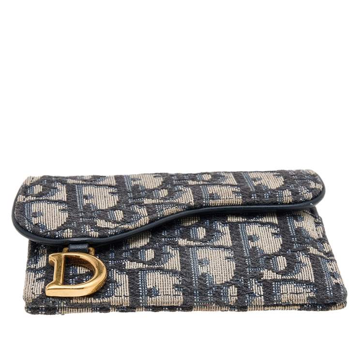 Pre Owned Dior Navy Blue/Beige Oblique Canvas Saddle Wallet