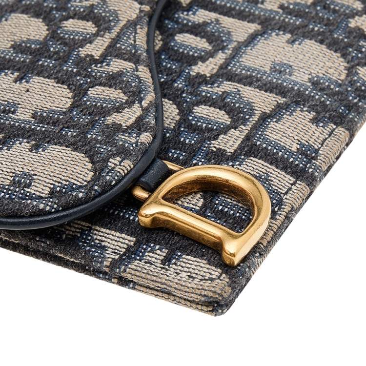 Pre Owned Dior Navy Blue/Beige Oblique Canvas Saddle Wallet