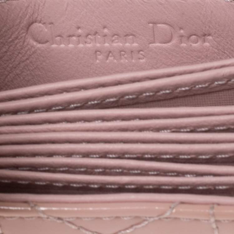 Pre Owned Dior Light Pink Cannage Patent Leather Lady Dior 5 Gusset Card Holder