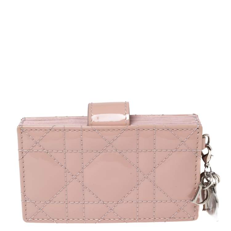 Pre Owned Dior Light Pink Cannage Patent Leather Lady Dior 5 Gusset Card Holder