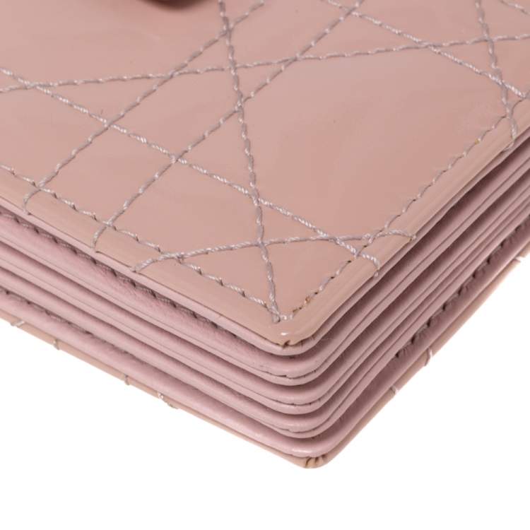 Pre Owned Dior Light Pink Cannage Patent Leather Lady Dior 5 Gusset Card Holder