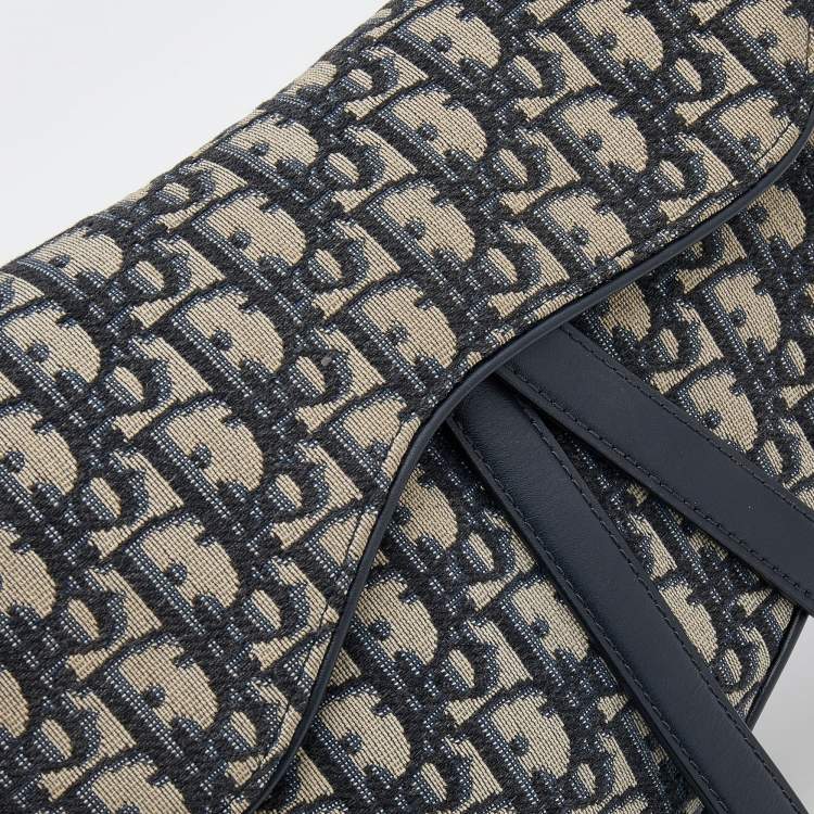 Pre Owned Dior Navy Blue/Beige Oblique Jacquard And Leather Saddle Bag