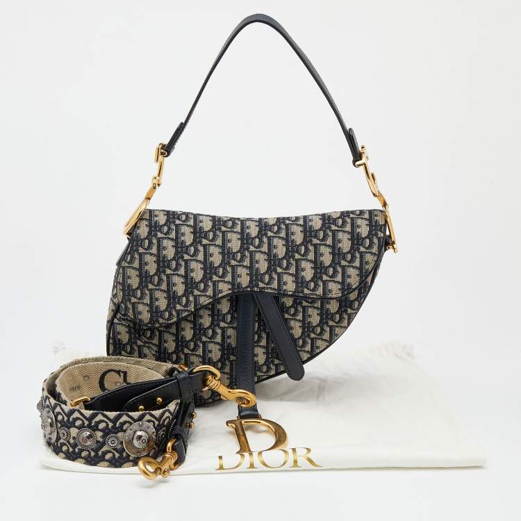 Pre Owned Dior Navy Blue/Beige Oblique Jacquard And Leather Saddle Bag