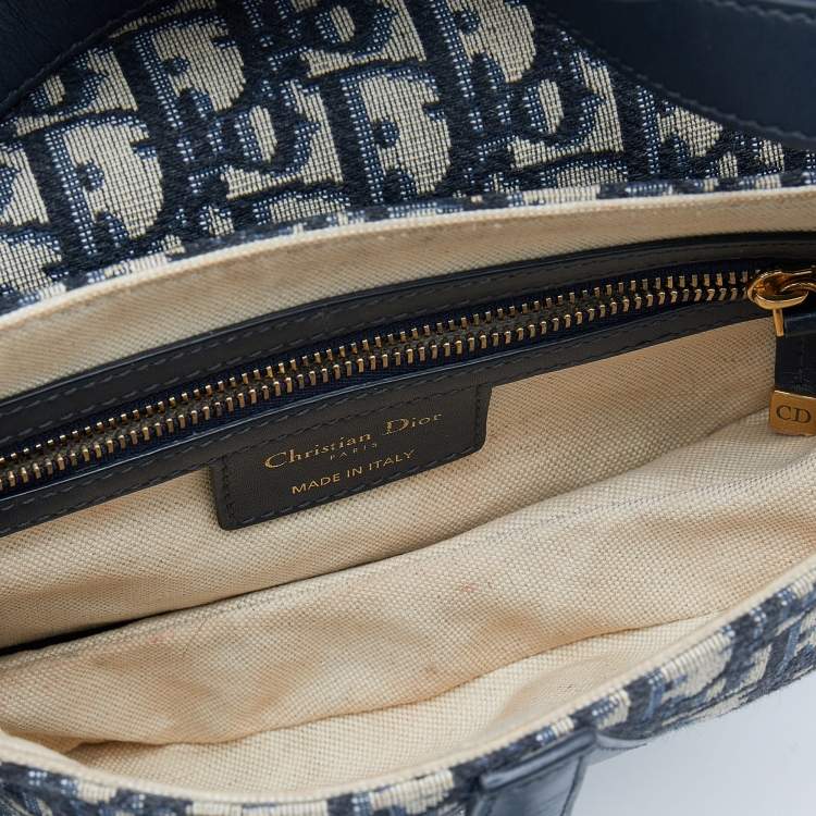 Pre Owned Dior Navy Blue/Beige Oblique Jacquard And Leather Saddle Bag
