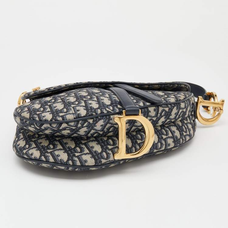 Pre Owned Dior Navy Blue/Beige Oblique Jacquard And Leather Saddle Bag