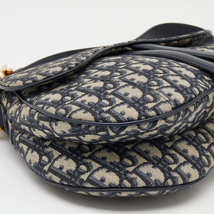 Pre Owned Dior Navy Blue/Beige Oblique Jacquard And Leather Saddle Bag