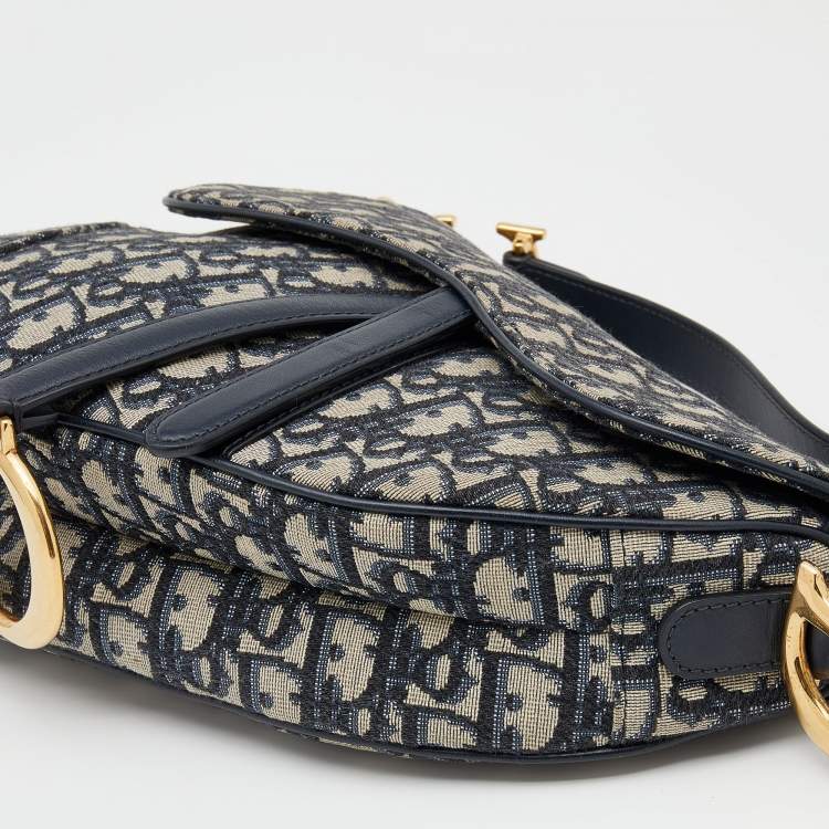 Pre Owned Dior Navy Blue/Beige Oblique Jacquard And Leather Saddle Bag