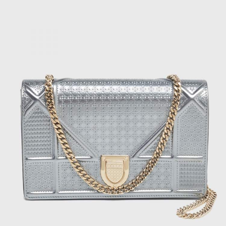 Dior Metallic Silver Micro Cannage Patent Leather Diorama Chain Shoulder Bag