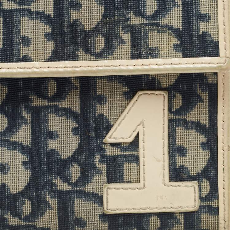 Pre Owned Dior Navy Blue/White Oblique Coated Denim and Patent Leather Trotter Trifold Wallet