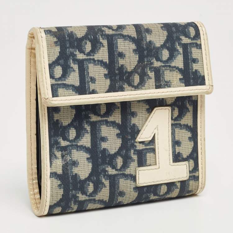 Pre Owned Dior Navy Blue/White Oblique Coated Denim and Patent Leather Trotter Trifold Wallet