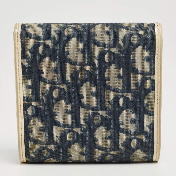 Pre Owned Dior Navy Blue/White Oblique Coated Denim and Patent Leather Trotter Trifold Wallet