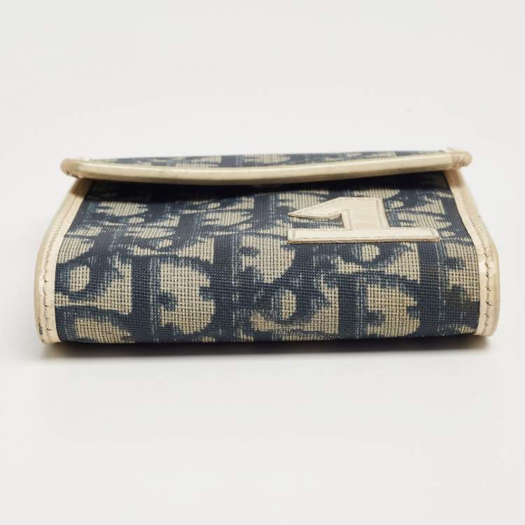 Pre Owned Dior Navy Blue/White Oblique Coated Denim and Patent Leather Trotter Trifold Wallet