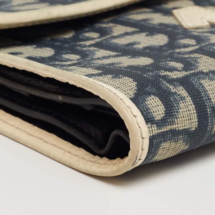 Pre Owned Dior Navy Blue/White Oblique Coated Denim and Patent Leather Trotter Trifold Wallet