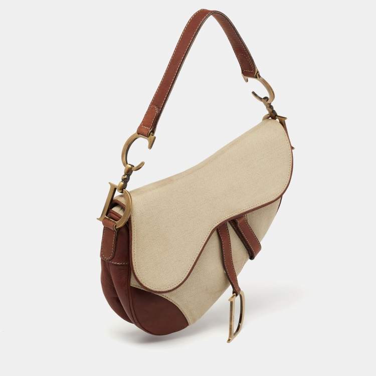 Pre Owned Dior Beige/Brown Canvas and Leather Saddle Bag