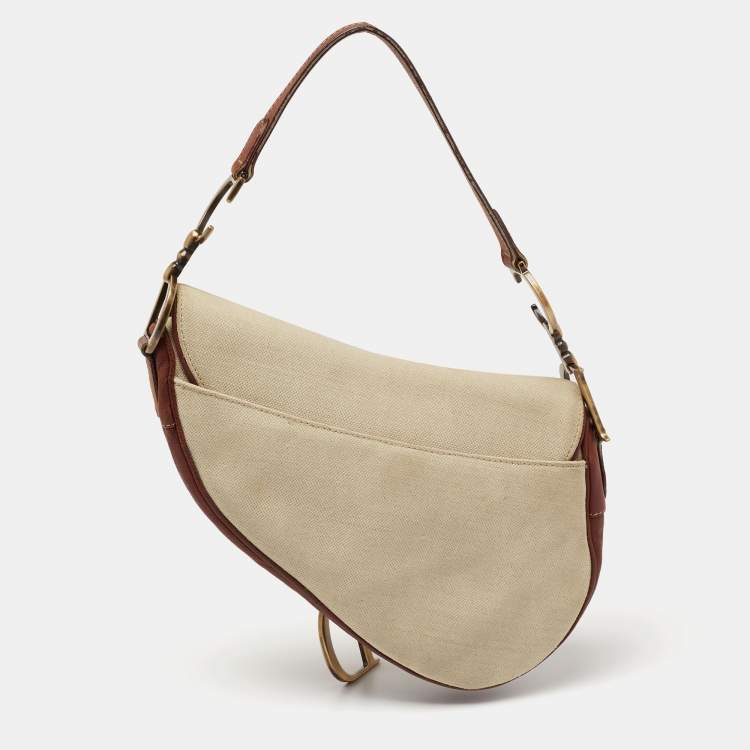 Pre Owned Dior Beige/Brown Canvas and Leather Saddle Bag