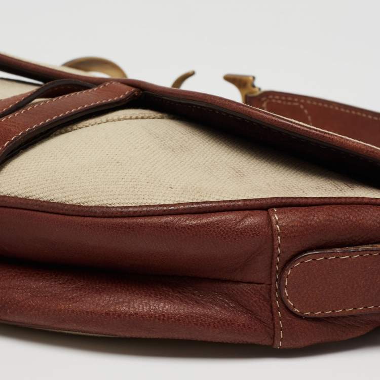 Pre Owned Dior Beige/Brown Canvas and Leather Saddle Bag