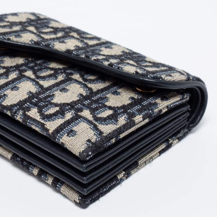 Pre Owned Dior Blue Oblique Jacquard Saddle 5 Gusset Card Holder
