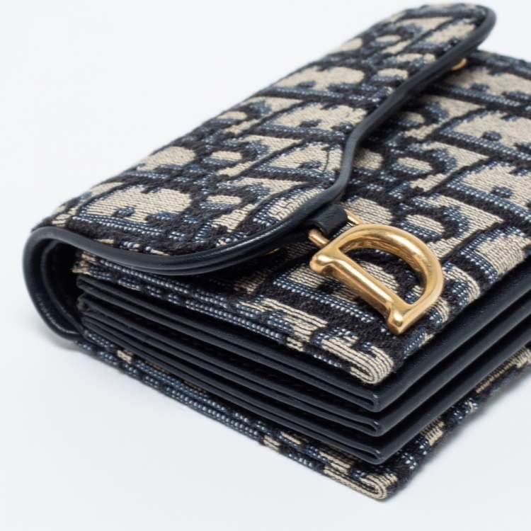 Pre Owned Dior Blue Oblique Jacquard Saddle 5 Gusset Card Holder