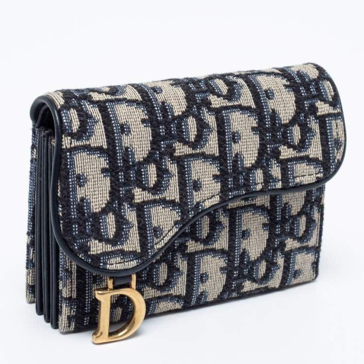 Pre Owned Dior Blue Oblique Jacquard Saddle 5 Gusset Card Holder