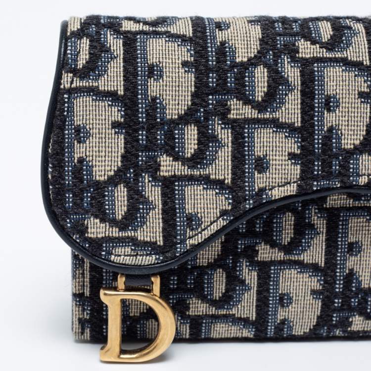 Pre Owned Dior Blue Oblique Jacquard Saddle 5 Gusset Card Holder