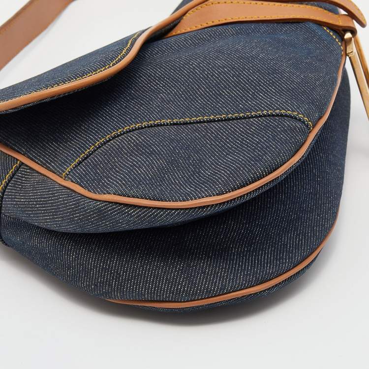 Pre Owned Dior Blue/Brown Denim and Leather Saddle Bag