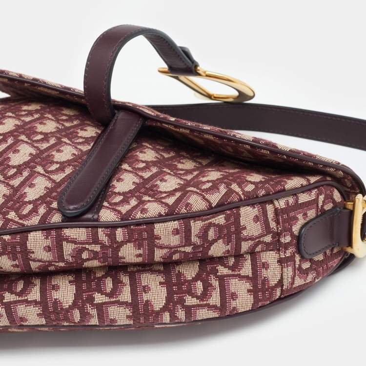 Pre Owned Dior Burgundy Oblique Canvas And Leather Saddle Shoulder Bag
