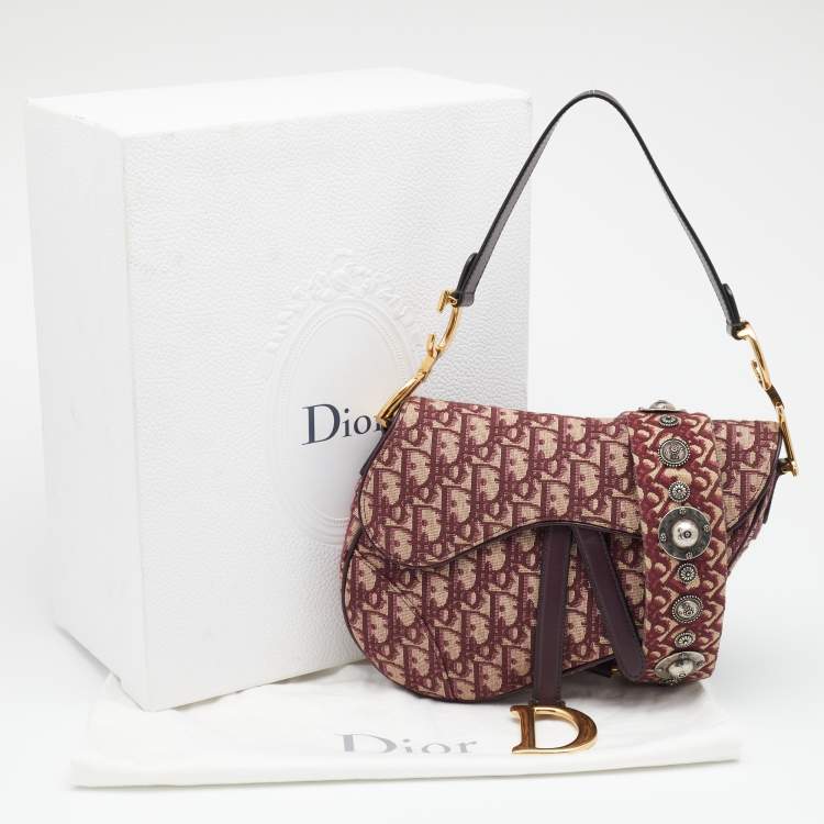 Pre Owned Dior Burgundy Oblique Canvas And Leather Saddle Shoulder Bag